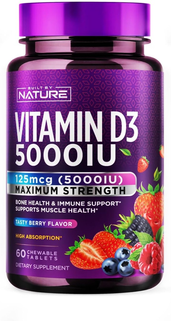 Dibangun oleh Nature Chewable Vitamin D3 5000 IU - Vitamin D Suplemen Chews - Sugar Free & Natural Berry Flavor - 60 tablet