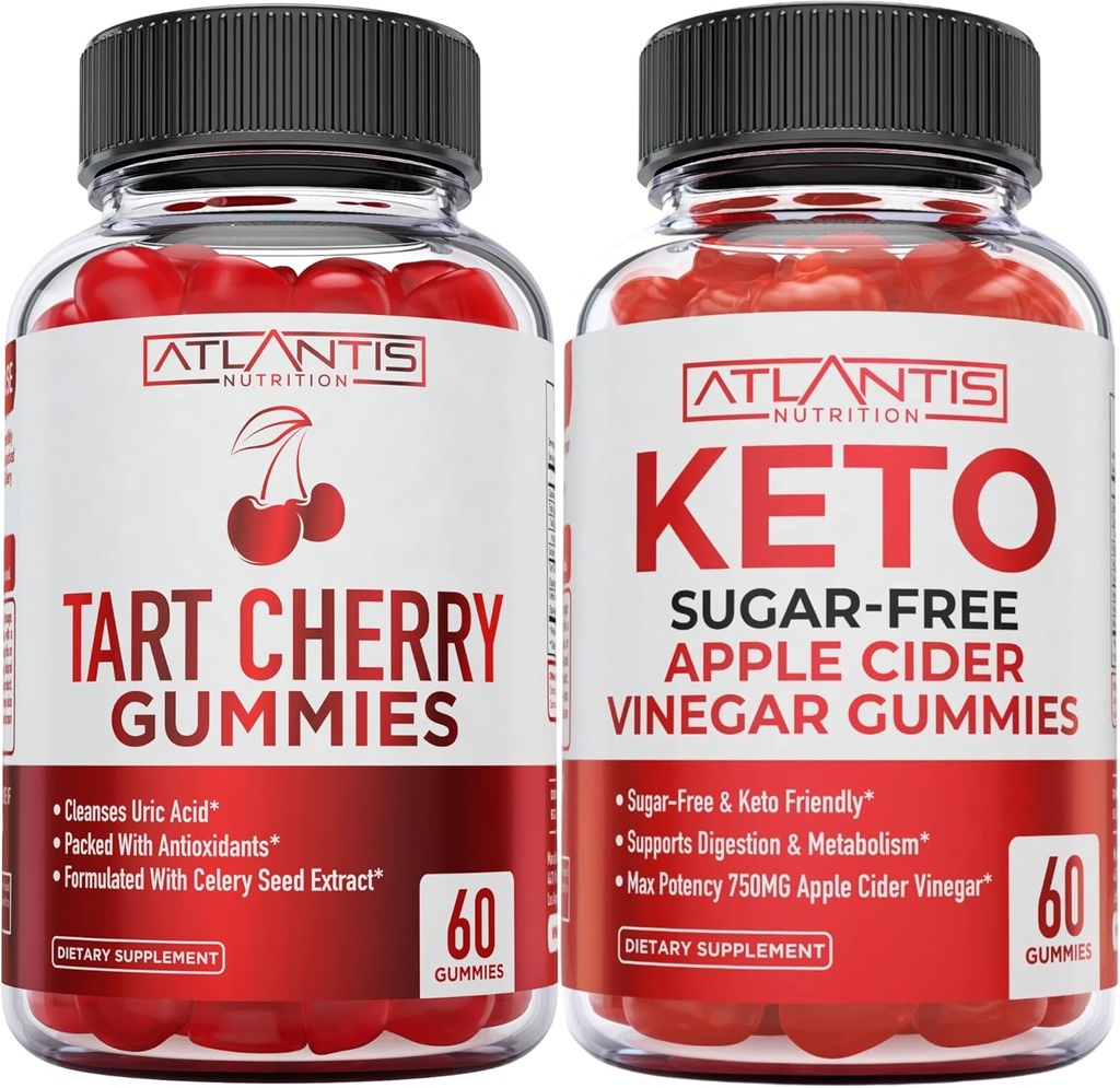 Atlantis Nutrition Tart Cherry 60 Gummies + Sugar Free Keto Apple Cider 60 Guinegar