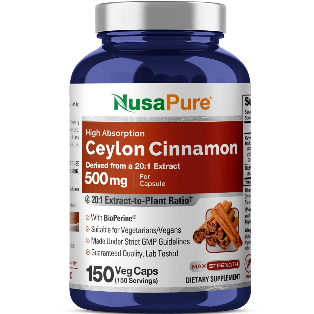 NusaPure Ceylon Cinnamon20: 1 Ekstraksi, 500 mg Equivalen dengan 10.000 mg Per Caps 14; 150 Veggie Capsules 126; Non-GMO, Vegan dengan Bioperine