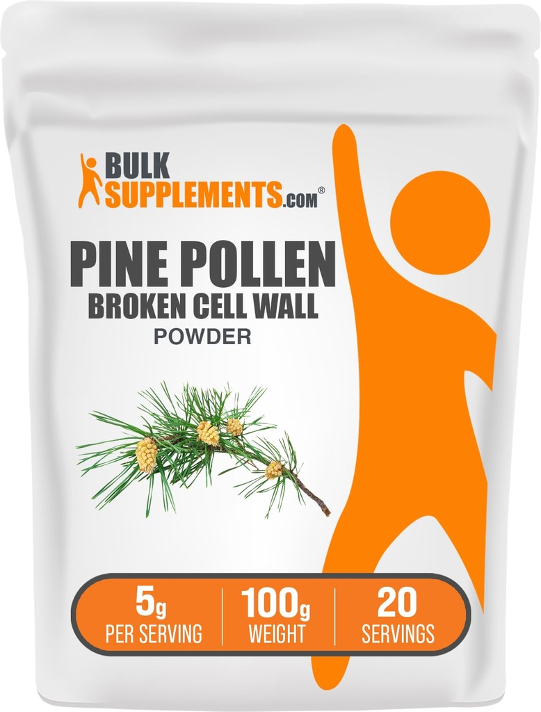 BulkSuplements.com Pine Pollen Powder - Broken Cell Wall, Pine Pollen Suplemen, Herbal Suplemen - Gluten Bebas, 5g per Serving, 100g (3.5 oz) (Paket 1)