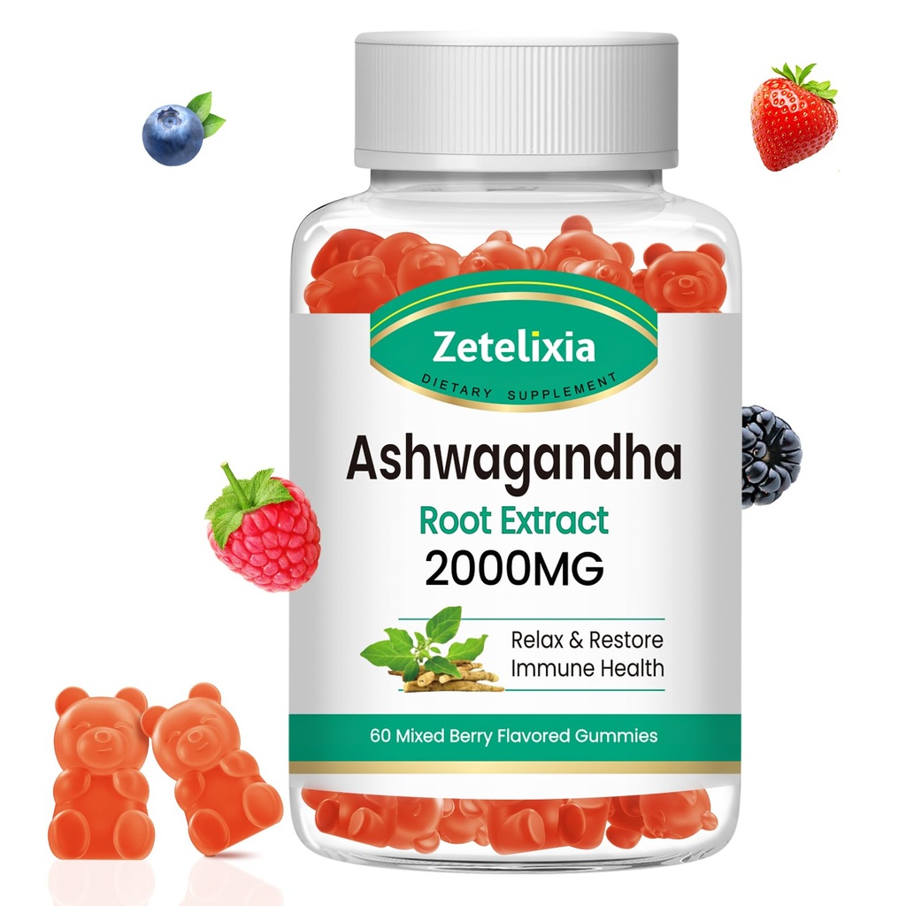 Ashwagandha Gummies, Ekstra Kekuatan Vitamin D3, Ekstrak Root Organik Ashwa untuk Relaxasi Mood Tenang & Imune Dukungan, Mixed Berry Vegan Gula Chews 60 Count