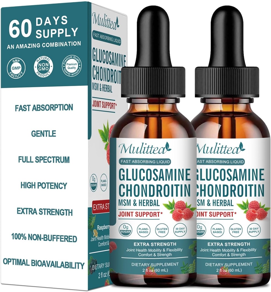 (2 Paket) Glucosamin Chondroitin MSM Liquid Drops - Ekstra Kekuatan Support Bersama Elderberry, Boswelia, Bromelain, Acid Hyaluronic - Antioksidant Immune Dukungan untuk Dewasa, Pria & Perempuan