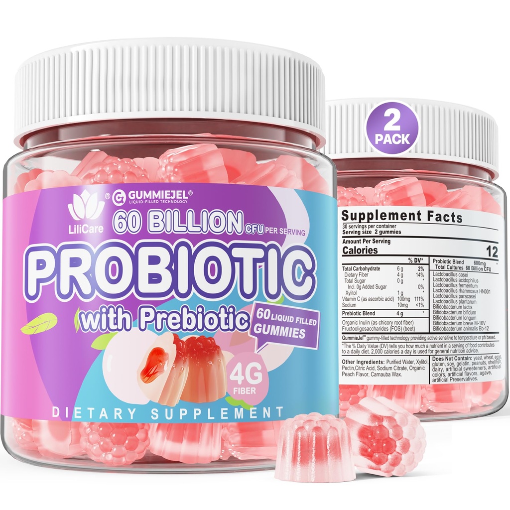 2Pack Probiotic Probiotic Gummies + Pregities Sugar Free 60 Milyar CFU, 11 Strains Strains Filid Gummies for Women Digetical Health and Gut Health, Supports Constipation, Diare, Gas & Bloating