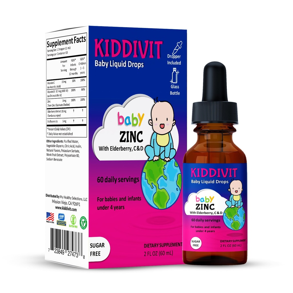 Kiddivit Baby Zinc Liquid Drops with Elderberry, Vitamin D3 & C - Gentle Ammune Supplemen - 60 Daily Servings, Inulin Forfied Prebiotic Fiber - Sugar Free, Gluten Free, Vegetarian, 2oz