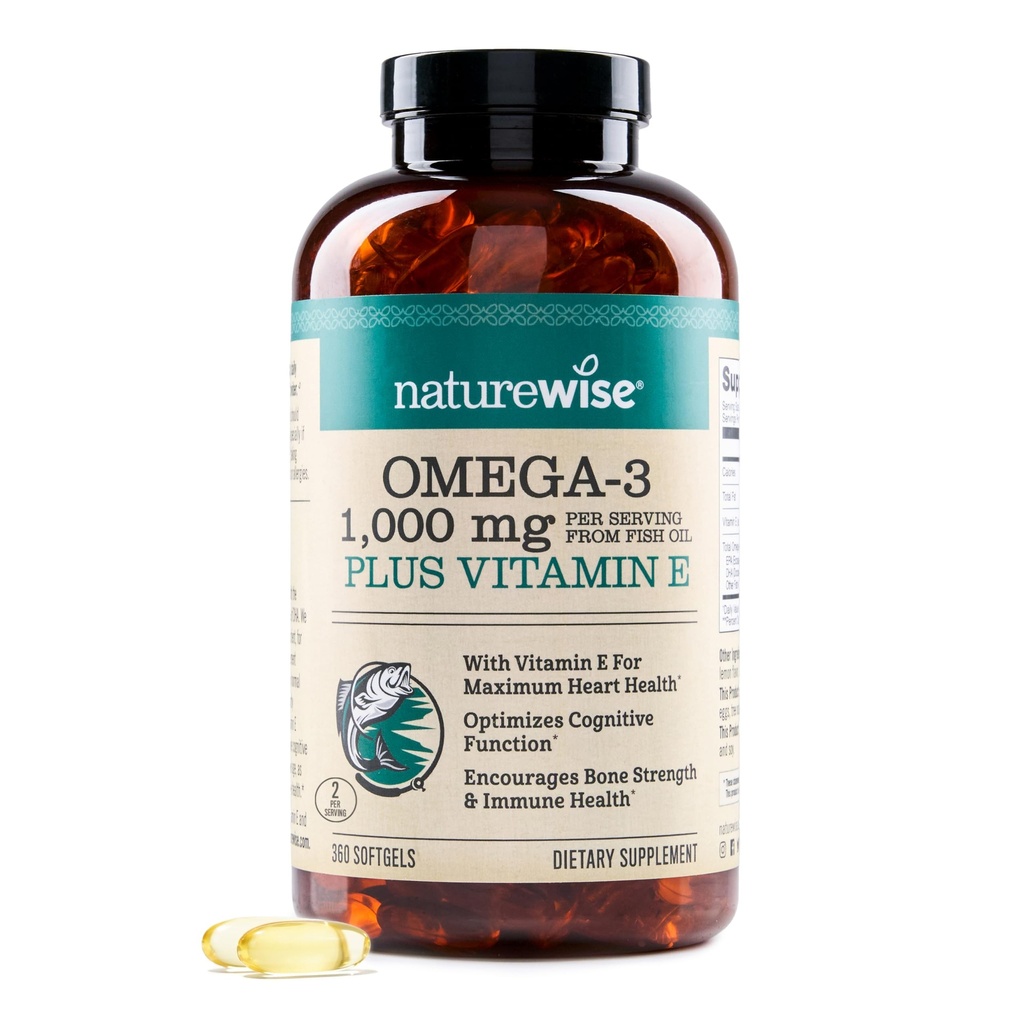 Naturrewise Extra- Kekuatan Omega 3 Fish Oil Suplement - 10000mg per Serving - 600 EPA & 400 DHA dan Vitamin E - Dukung untuk Heart & Brain Health - Lemon Flavor, GMO-Free - 360 Softgels