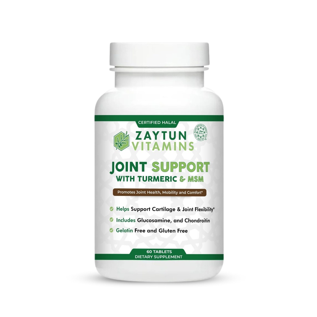 Zaytun Halal Joint Support with Turmeric + Glucosamine, Promotes Joint Health, Fleksibility and Supports Moality, 1 Month Supply, No Gluten, No Gelatin, Made in USA