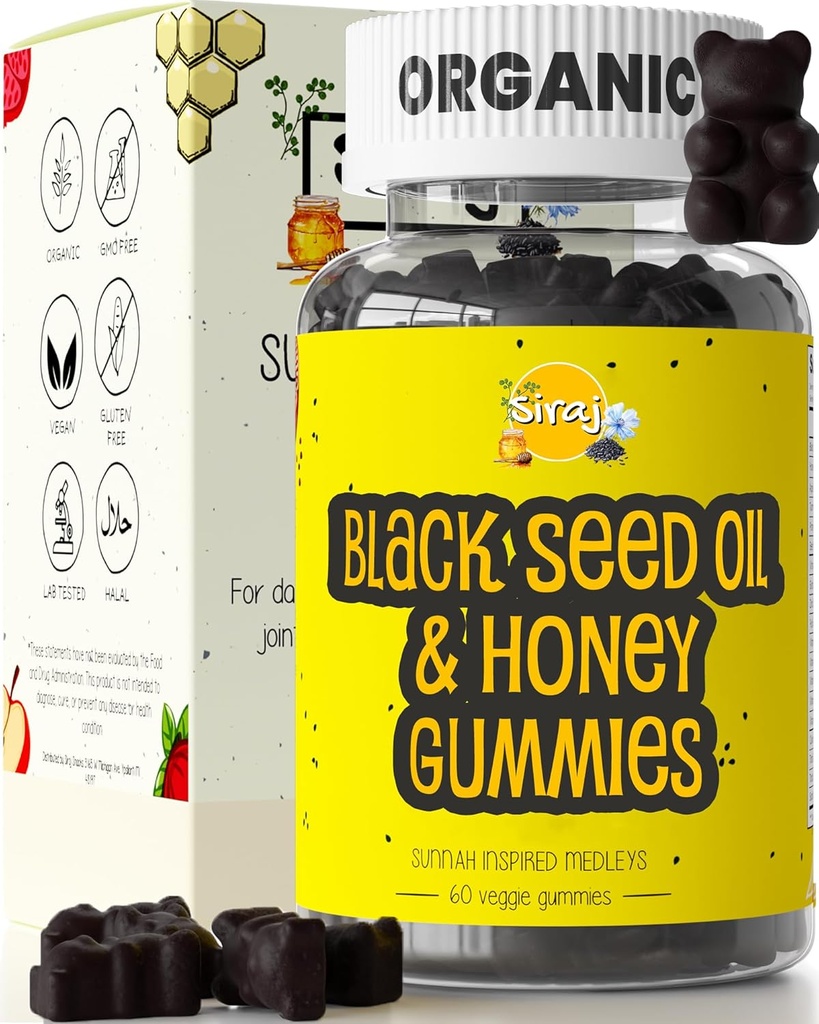Simar Black Seed Oil Gummies w / Honey & 15% Thymoquinone 124; Multivitamin for Ammune Support, Stress Relief Guamins; Turmeric, Apple Cider Vinegar, Multivitamin Gummies