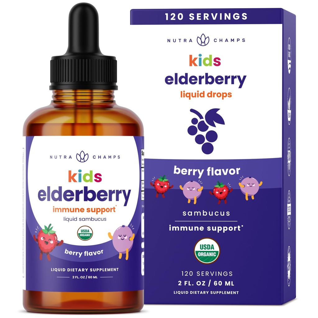 NutraChamps Black Elderberry untuk Kings Liquid Drops, 10: 1 Ekstrak Sambucus Elderberry Syrup untuk Anak-Anak, Sugar- Free Europe Elderberry Drops Berry Flavor, Immune Dukungan, 4 Bulan Suppply