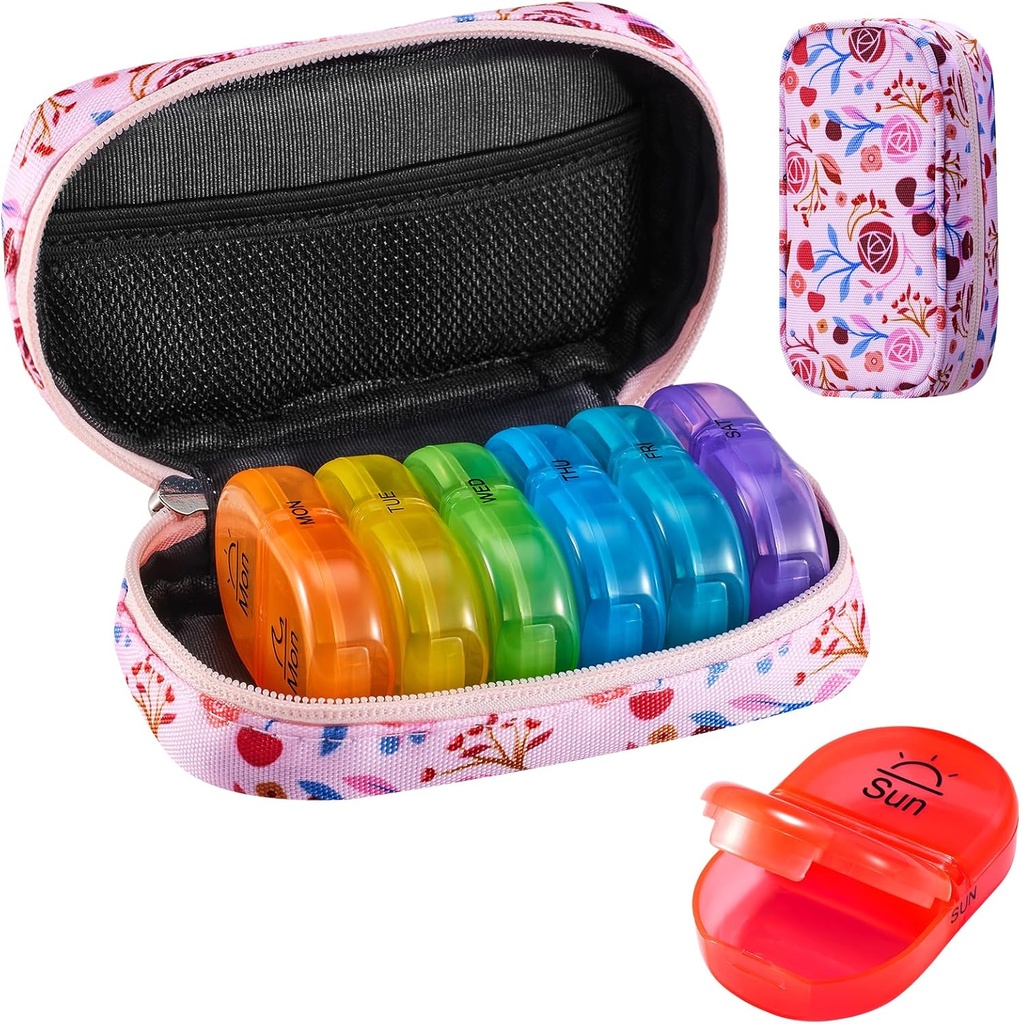Serfeymi Weekly Travel Pill Organizer 2 Times A Day AM PM Upgraded Rainbow Pill Box 7 Day dengan Portable Zipper Case, Medicine Organizer for Pills, Vitamin, Fish Oils - Pink 01