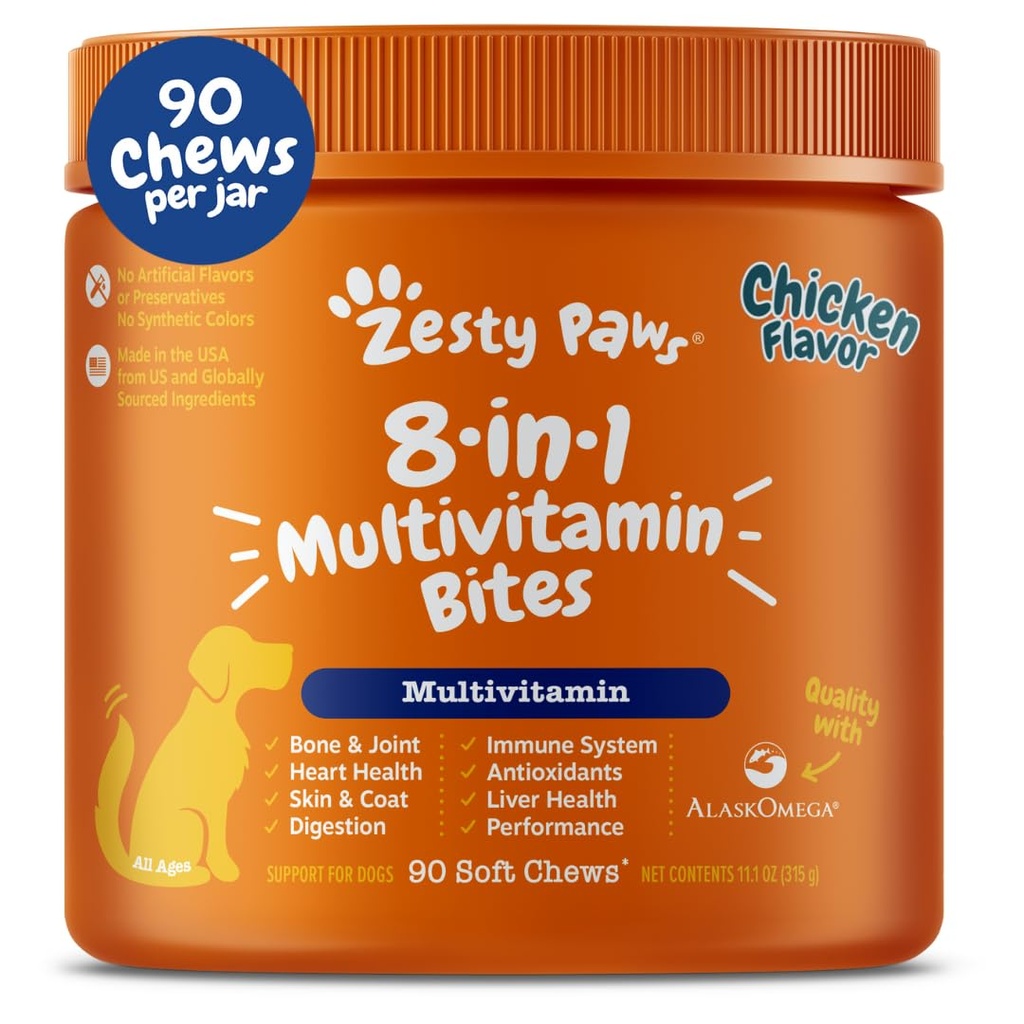 Zesty Paws Dog Multivitamin, Chewable Dog Vitamin and Suppins for Hip & Joints, Skin & Coat, Omega 3 Fish Oil untuk Dogs- Senior & Puppy Multivatin- Chicken- 90ct