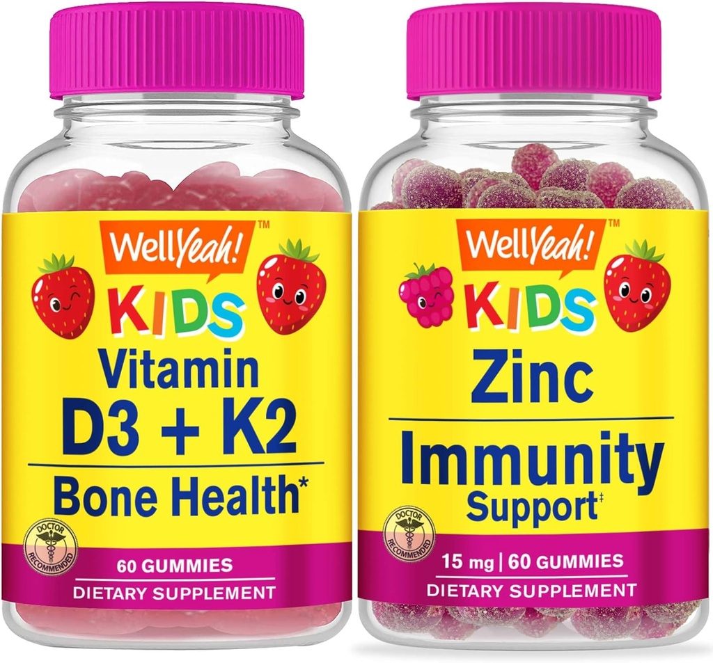 Welly Vitamin D3 + K2 Kids + Zinc Kids 15mg, Gummies Bundle - Great Tasting, Vitamin Suplemen, Gluten Bebas, GMO Bebas, Gummy Chewable