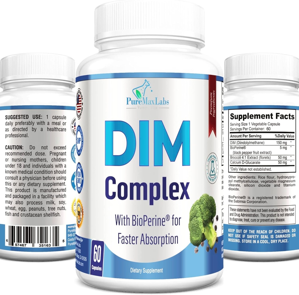 Suplemen DIM - 150mg DiM (diingolylmetana), Brokoli, Calcium D- Glucarate & Bioperin - Hormone balance for Men & Women, Estrogen, Menopause Balance - 60 Capsules