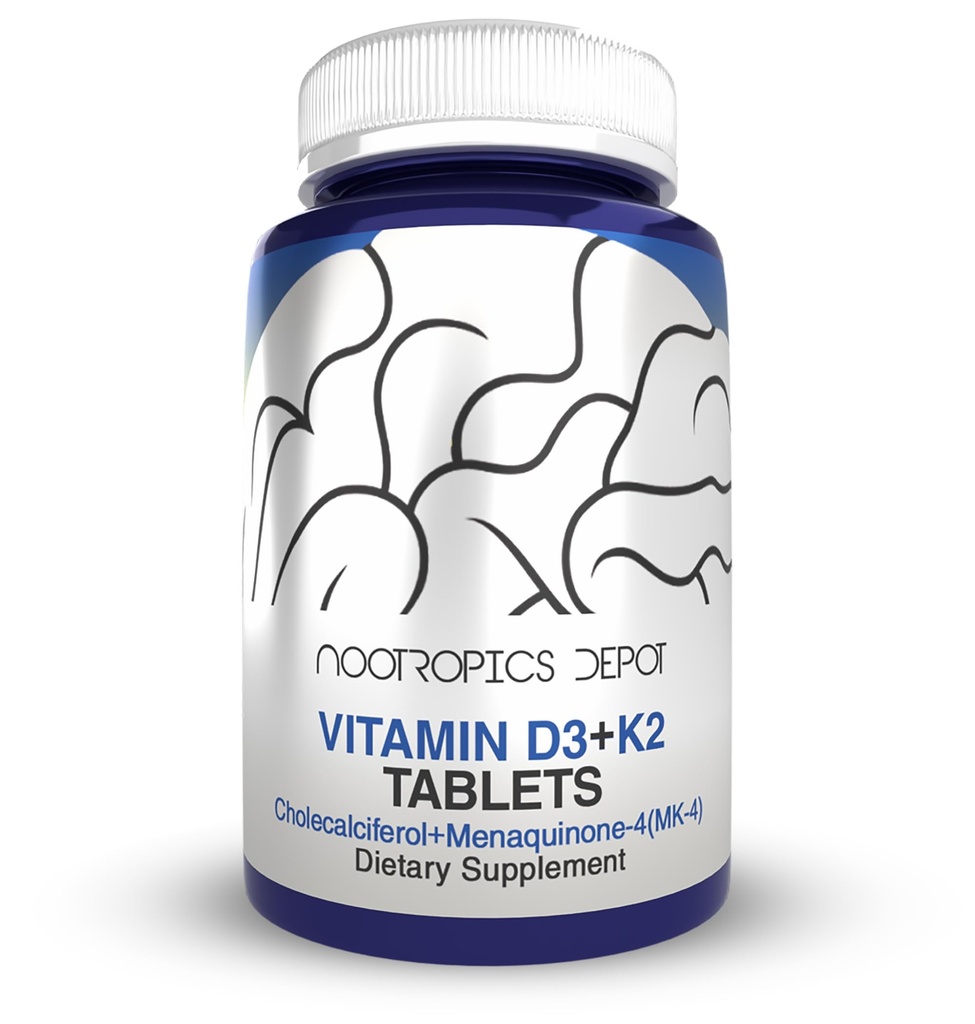 Depot Nootropics Depot Vitamin D3 + K2 dengan Vitamin C Tablets 124; 60 Count 124; Cholerifferol + Menaquinone- 4 (MK-4) 124; Mood, & Bone Health 124; Calciculum Absorpsi