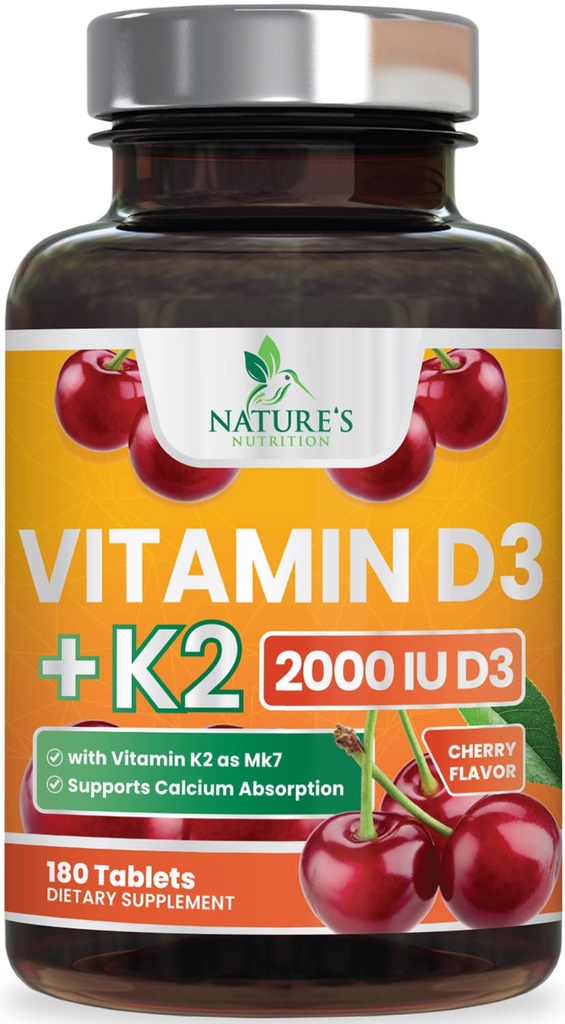 Vitamin D3 K2 2000 IU Plus dengan K2 (MK-7) 75 mcg - Vitamin Penyelesaian D & K Kompleks untuk Bone, Teeth, Muscle, Calcium Absorpsi, Pendukung Kesehatan Imune & Heart, Non-GMO dapat diolah Formula - 180 tablet