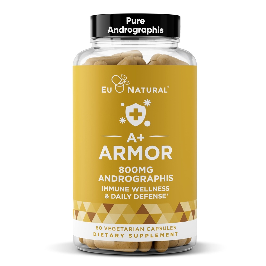 A + Armor Andrographis Pure 800 Mg - Heally Immune System Fungsi, Wellness Fisik, Kekuatan untuk Perlindungan Seasonal - Full- Spectrum & Standardisasi - 60 Vegan Soft Capsules