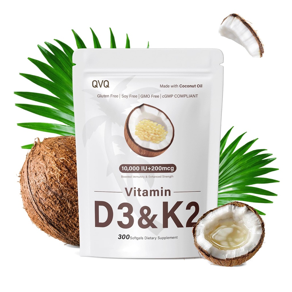 300 Pcs 2 dalam 1 Vitamin D3 10.000 iu ditambah K2 (MK-7) 200 mcg Virgin Coconut Oil Softgels dengan Vitamin D & K Mendukung Calcium Absorpsi, Bone, Immune, & Heart Health - Mudah ditelan