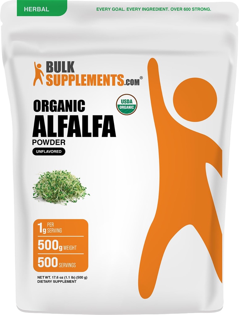 BulkSuppliments.com Organic Alfalfa Grass Powder - Alfalfa Suplemen, Green Superfood Poader - Vegan & Gluten Bebas, 5g per Serving, 500g (1,1 pon) (Paket 1)