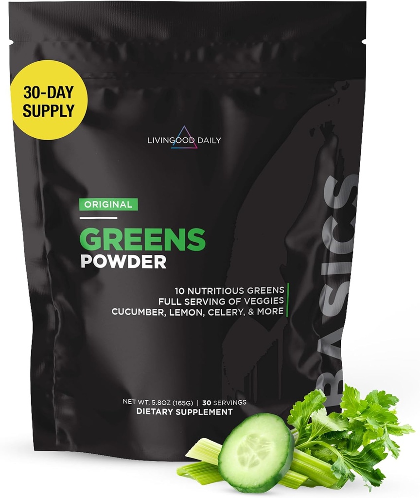 Livingood Daily Basic Greens Powder, Super Greens Drink Mix with Spirulina, Brokoli, Kale, Wheat Grass & Chlorella, Organik Vegetable Blend, Vegan, Gluten Free, Non GMO, 30 Servings