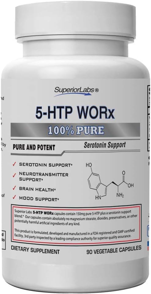 Lab Superior - 5- HTP Worx - 150 mg Pure 5-HTP Plus PowerSerotonin Blend - 90 Vegetable Capsules - Amplifikasi Serotonin - Dukungan Neurotransmitter - Kesehatan Otak - Mood Dukungan