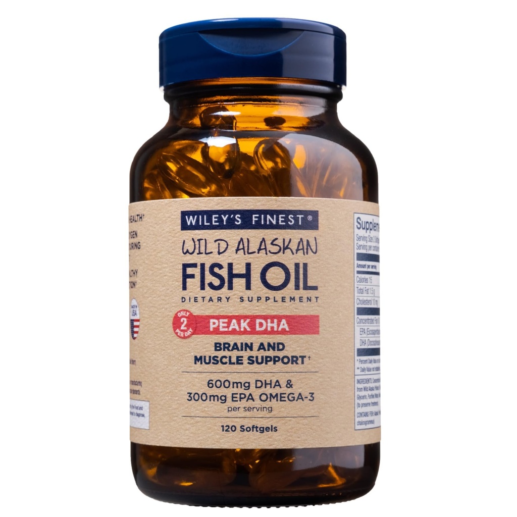 Wiley 's Finest Wild Alaska Fish Oil Peak DHA - 900mg EPA dan DHA Omega -3s - 120 Softgeels (60 Servings)