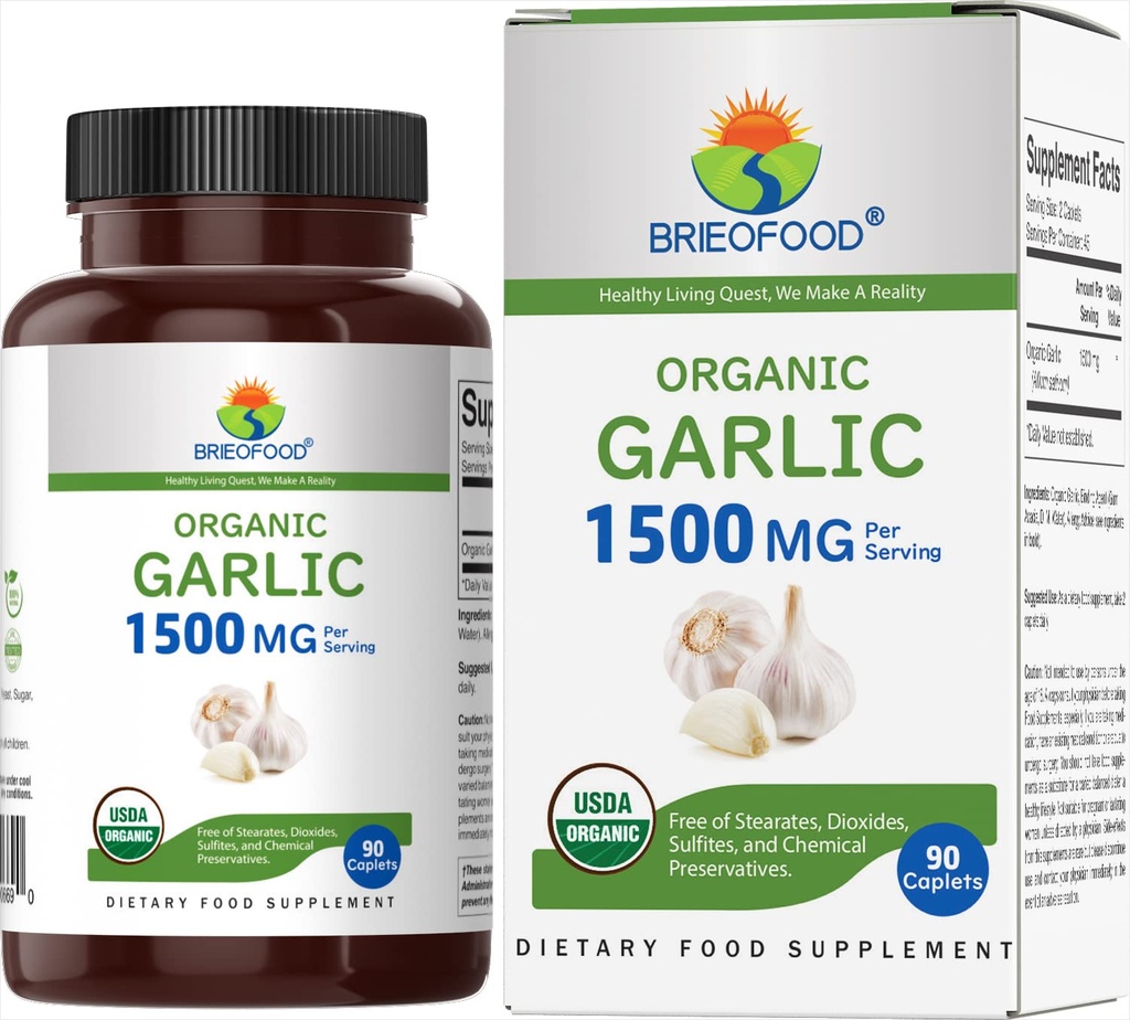 Brieofood Organic Garlic 1500mg, 45 Servis, Vegetarian, Gluten Free, 90 tablet Vegetarian