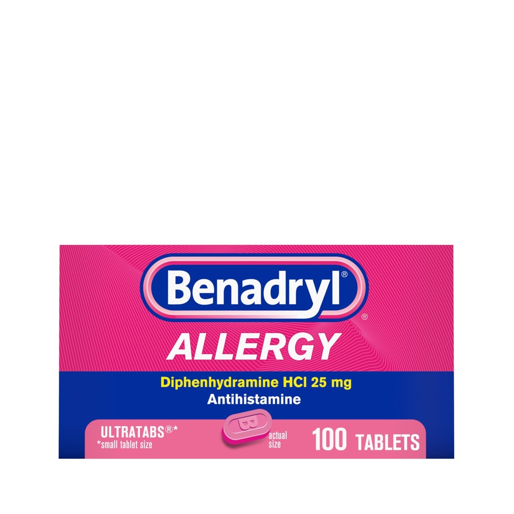 Benadryl Ultratabs Allergy Medicine, 25 mg Diphenhydramine HCI Antihistamin Tablet For Cold & Allergy Relief of Sympities Like Sneezing, Runny Nose, Itchy Eyes & Throat, Hay Fever, 100 Count Tablet