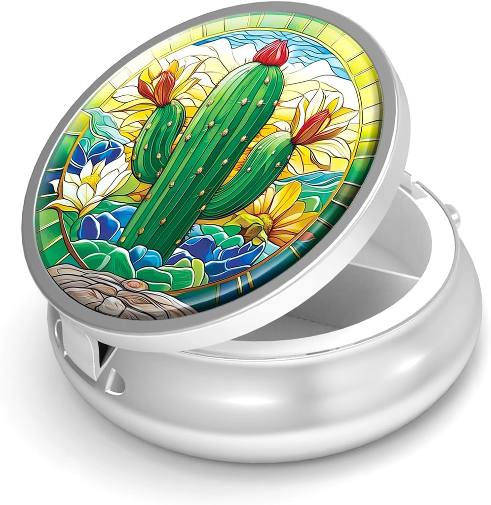 Pill Box-3 Comment Small Pill Case for Purse & Pocket Mini Metal Pill Travel Container to Hold Suplemen Vitamin BPA- Free (Cactus)