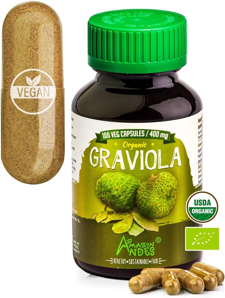 Andes Graviola Capsules - Rich in Vitamin C & Fiber - Imune System Stimulator - Healthy Cell Fungsi - Vegan, Non GMO, Gluten- free, Fairtrade Certified - 100 Soursop Pills (400mg)