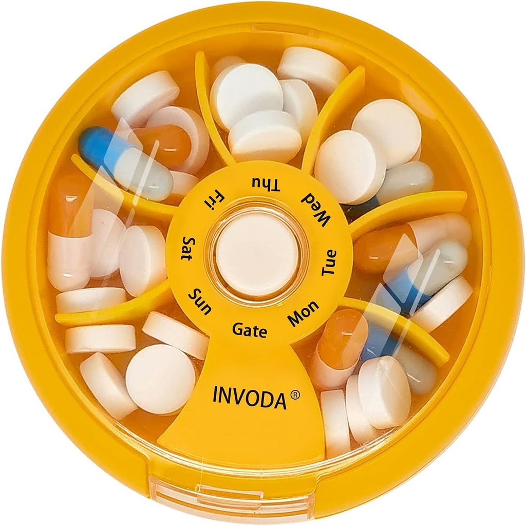 INVODA Weekly Pill Organizer 7 Compating Pill Box for Daily Medication & Vitamin - Portable Travel Case Fish Oil Suplemen Vitamin (Orange)