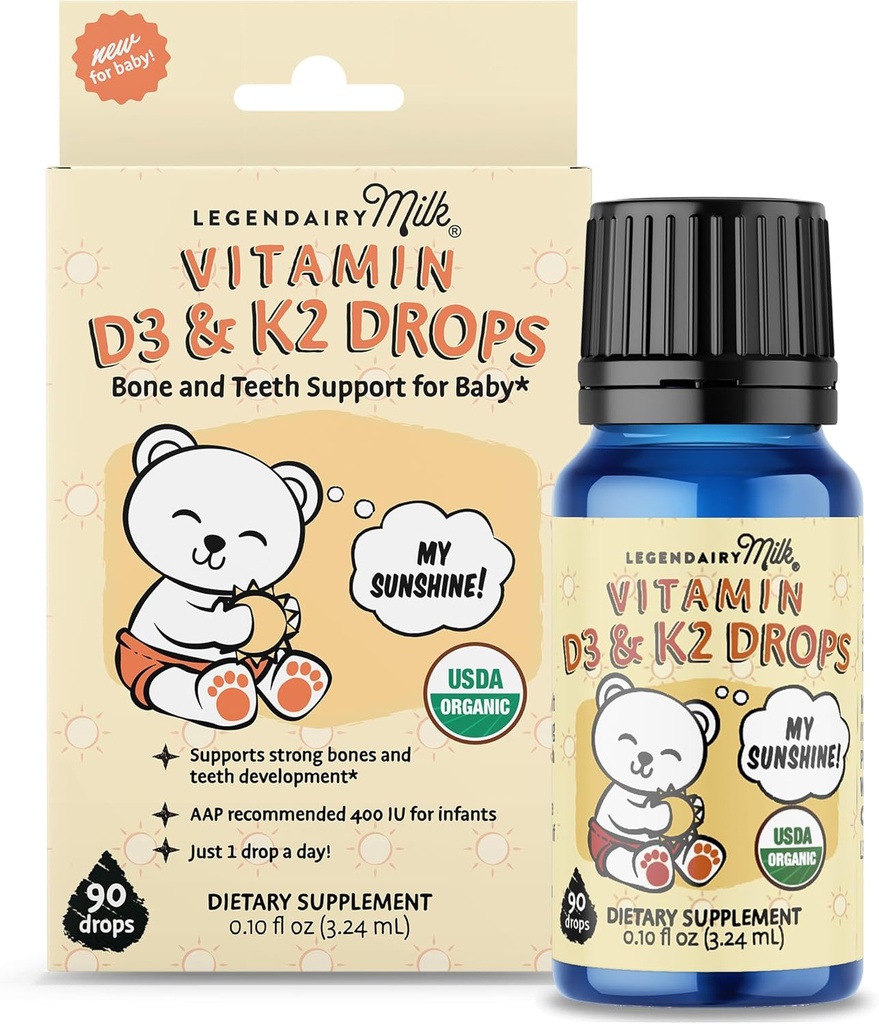 Milk Organ Legentical Baby Vitamin D3 K2 Liquid Drops, 400 IU of Baby Vitamin D Drops for Infants with K2 Drops, Vitamin D Drops for Newborns, Toddlers, and Kids, Vegan, 90 Drops Liquid