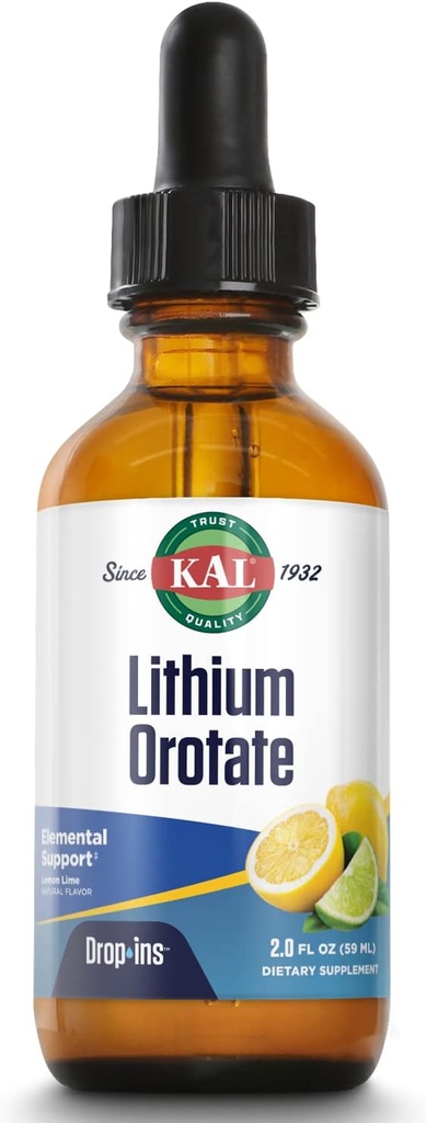 KAL Lithium Orotasi Dropin, Cheriated 124; Mood & Relaxation Dukung 124; Lime Lime Flavor Alam 124; 2oz, Diterima. 60 Serv.