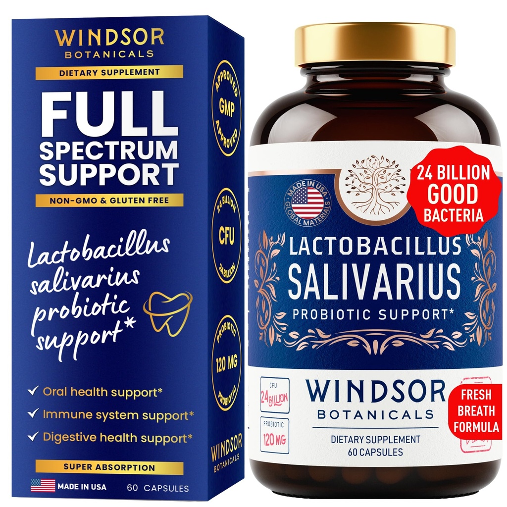 Lacrosnillus Salivarius Probiotic - 24bn CFU L Salivarius Program Dental untuk Gigi dan Gums - Perawatan Nafas Buruk untuk Dewasa, Dukungan Imune, Kesehatan Digetical - 60 Oral Probiotic Capsules