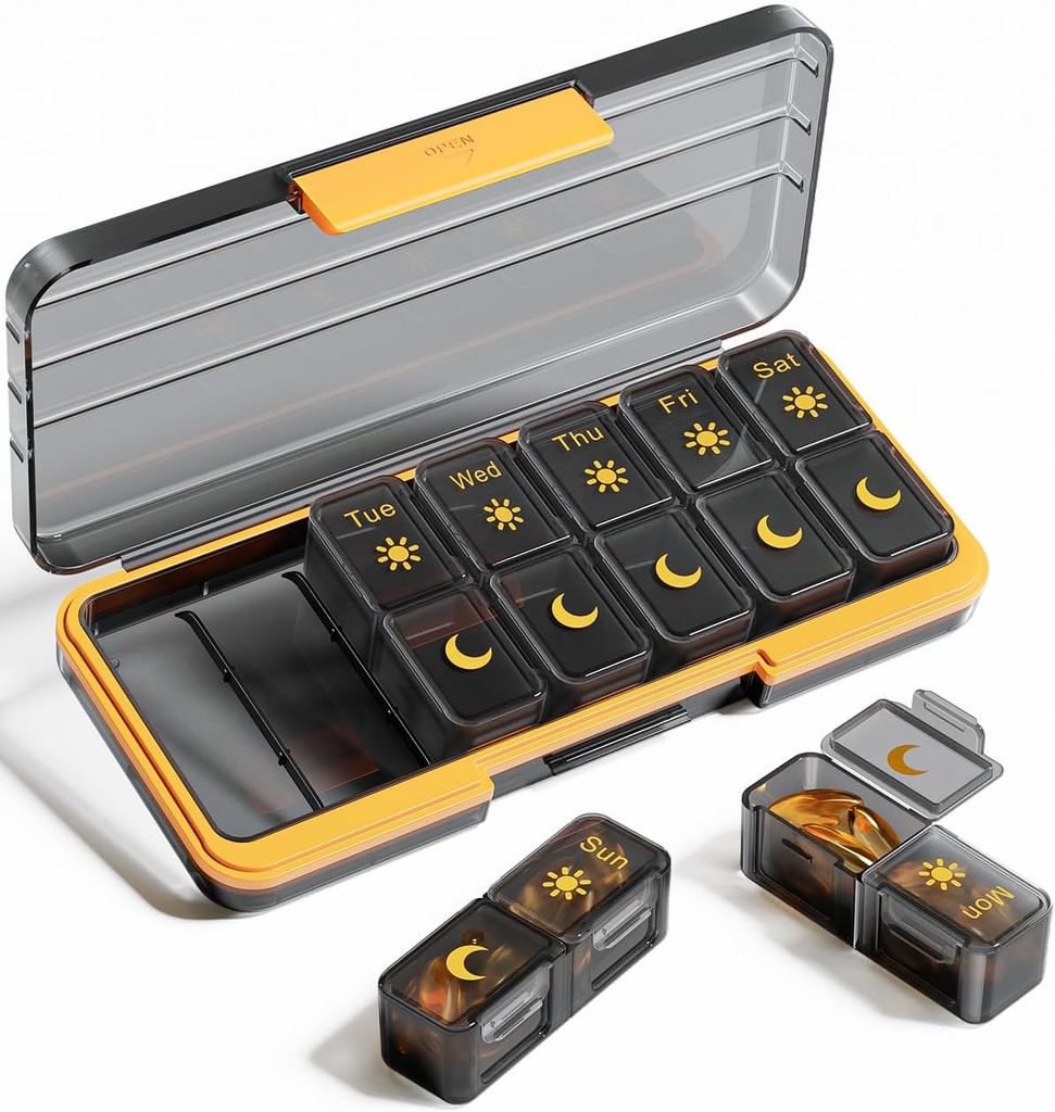 AM PM Pill Organizer 2 Kali sehari, 7 Hari Kotak Pill Weekly Organizer Travel dengan Kontainer Terpisah, Portable Daily Medicine Dispenser Case for Vitamin, Fish Oils, Suppports BlackGold None