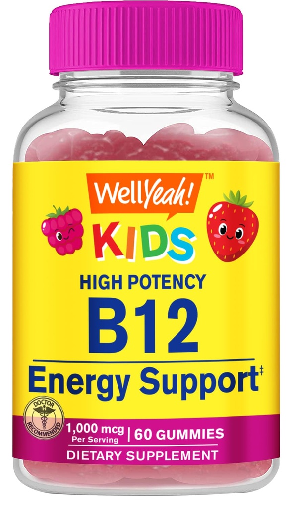Welly Vitamin B12 Gummies for Kids - Boost Energy, Impreve Brain Function, and Strengthen Immune System - Non-GMO, Gluten- Free - Great Tasting Berry Flavor - Mudah Chew - 60 Gummies