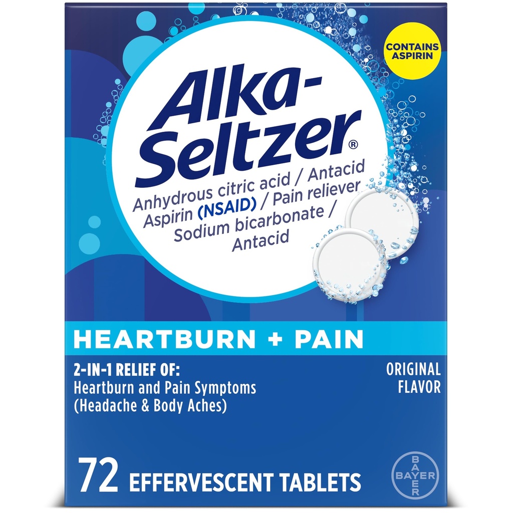 Alka- Seltzer Heartburn + Pain Effervescent Aspirin + Antax Tablet, Fast Heartburn Relief dan Acid Intervention, Relief Pain, 72 Ct