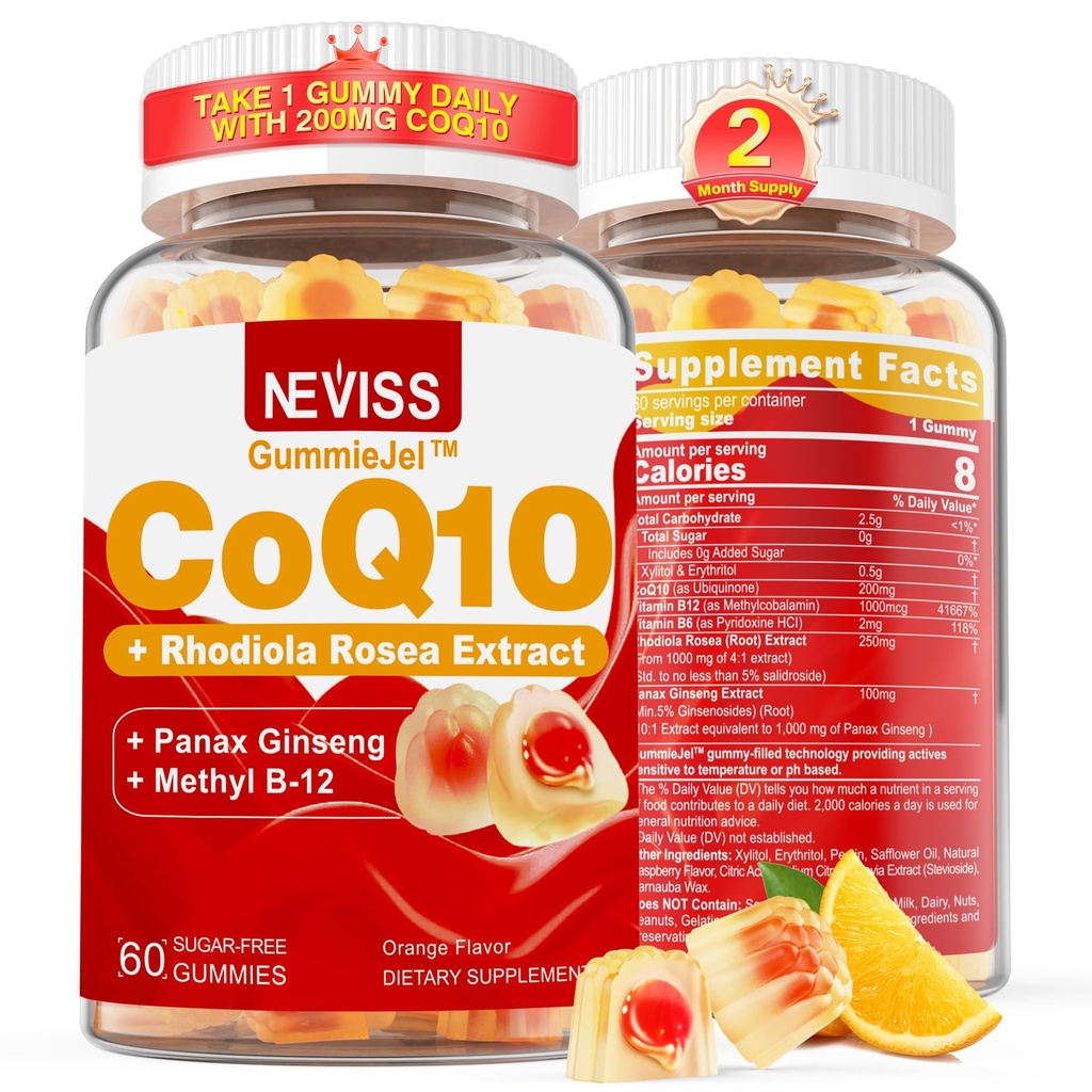 Sugar Free CoQ10200 mg 400mg Filled Gummies - 2 Bulan Supply - w / Vitamin B12 10000mcg, Rhodiola Rosea & Panax Ginseng, B6, Koenzim Q10 Suplemen untuk Hear- t, Energy, Antioksidant, Ultra Absorpsi