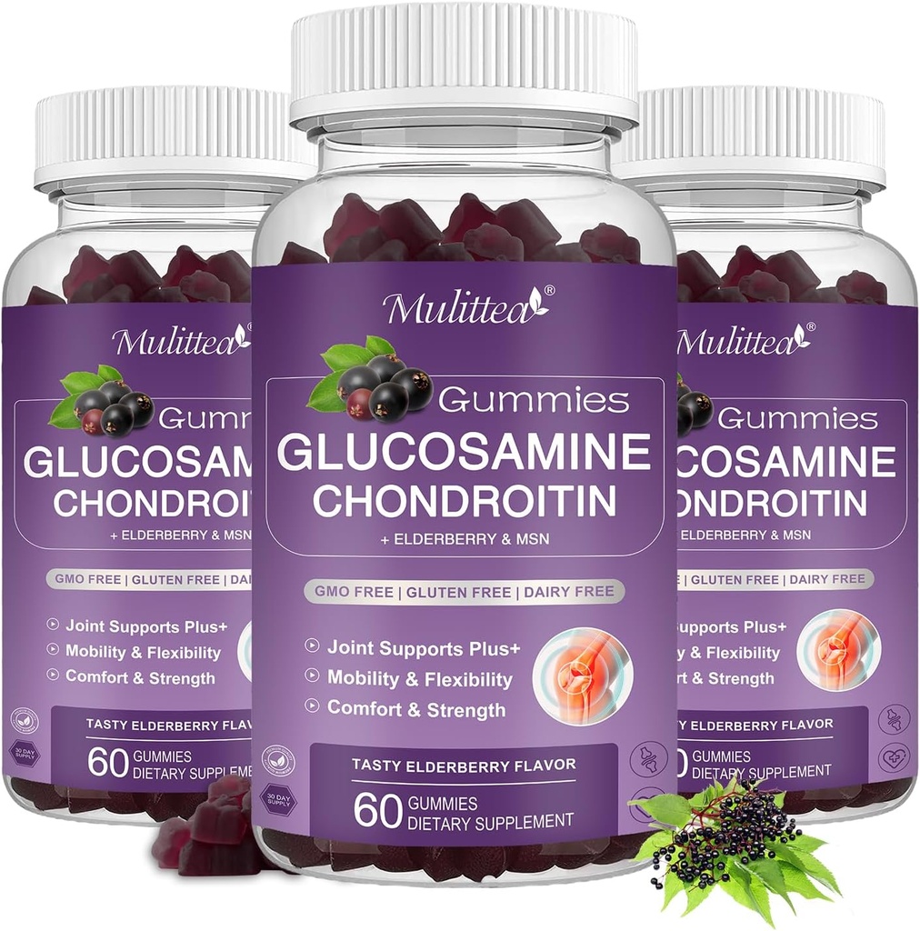 Mulittea Glucosamin Chondroitin Gummies - Ekstra Kekuatan Dukungan Dukungan Bersama dengan MSM & Elderberry untuk Gabungan Alam, Dukungan Imuniune Antioksidant untuk Dewasa, Pria & Perempuan