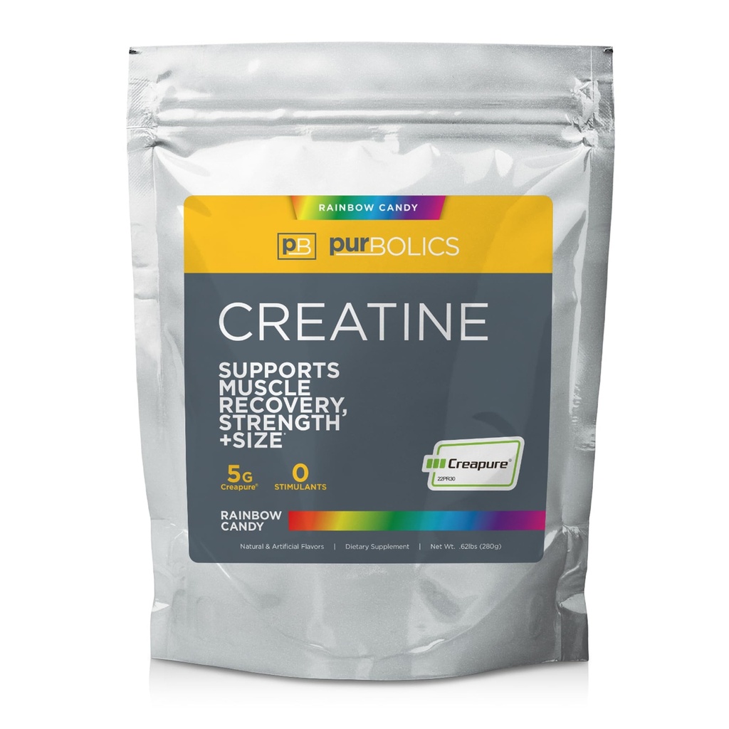Purba Creaptine Creaptine Monohydrate, Micronized Creaktine 5g, Elevate Workout Performance and Recovery, Build Power, Enhance Pumps (50 Servings, Rainbow Candy)