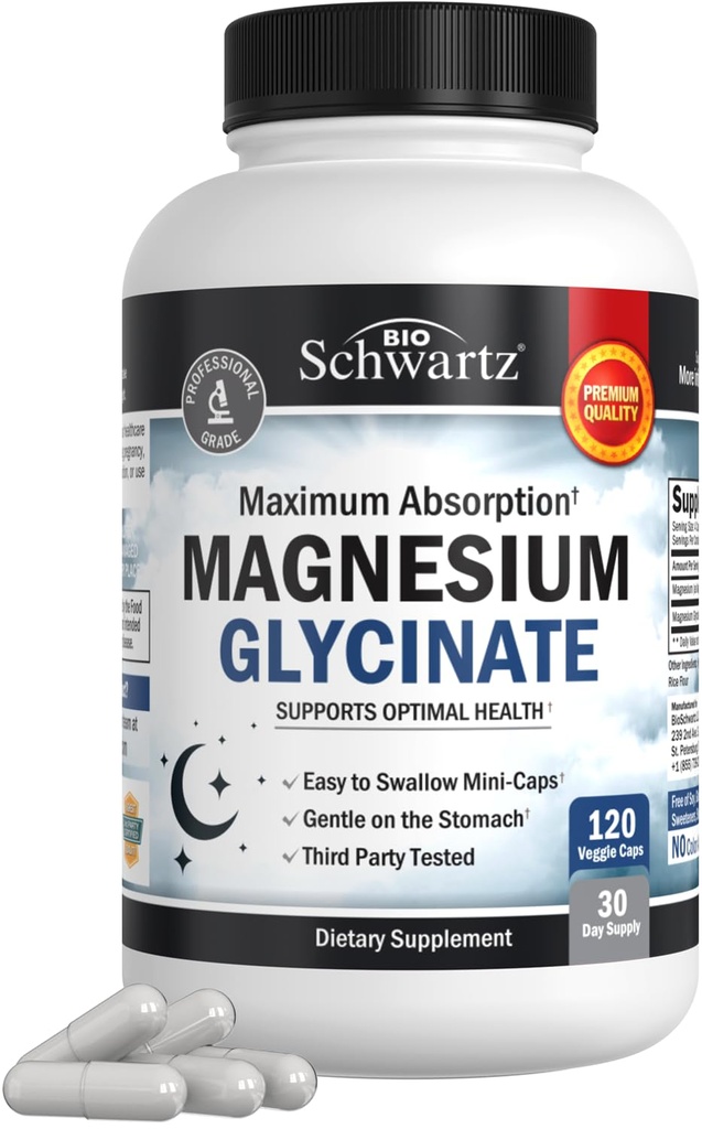 BioSchwartz Magnesium Glycinate 500mg Capsules (120 Mini Capsules) Suplemen Absorpsi Magnesium Maksimum untuk Healthy Nerves Heart Mood dan Support (Vegan, Gluten- Free, Non-GMO)