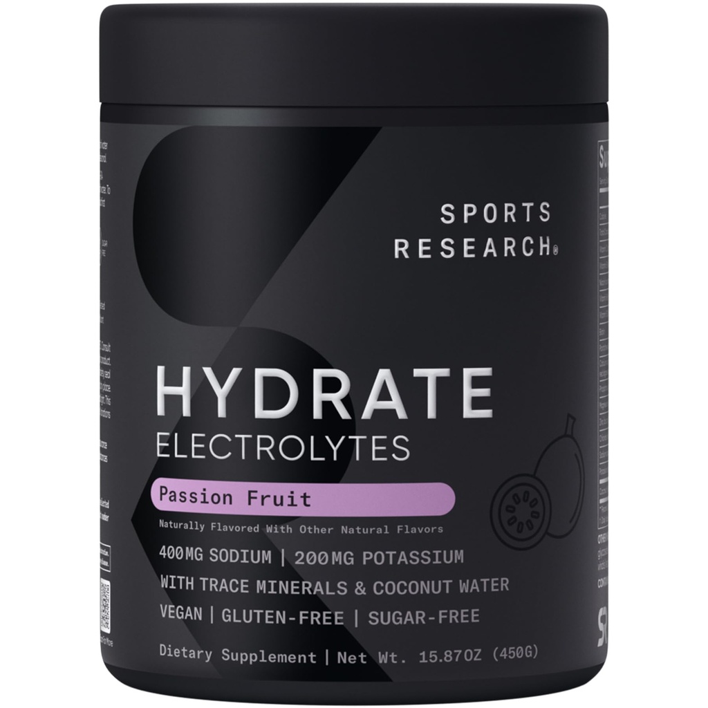 Sports Research Hydrate Electrolytes Powder - Sugar-Free & Naturally Flavored with Vitamins, Minerals, and Coconut Water - Supports Hydration - Passion Fruit