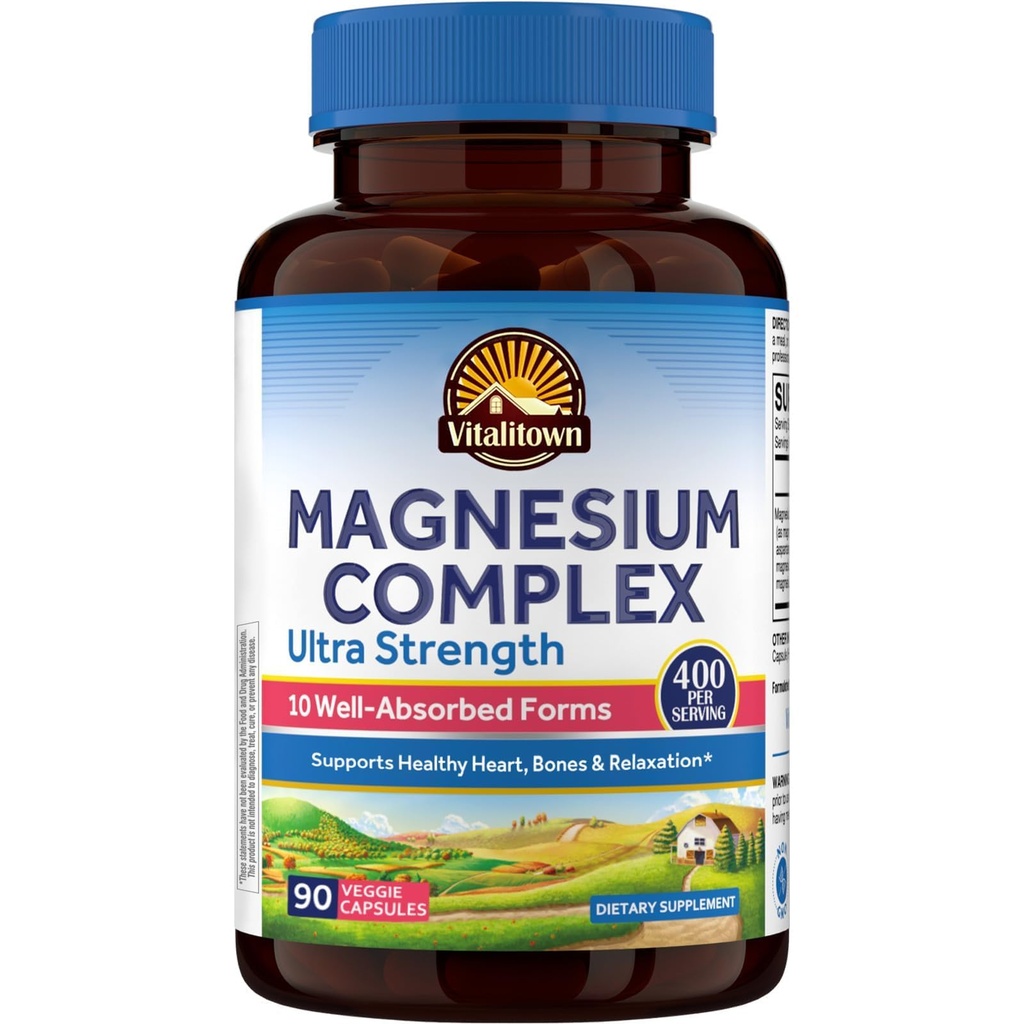 Vitalitown 10 di 1 Magnesium Complex Suplemen - 400mg Elemental Magnesium Dilenated dengan Glycinate, Citrate, Malate, Taute & More - untuk Sleep Heart Energy - Non-GMO, Vegan, 90 Caps