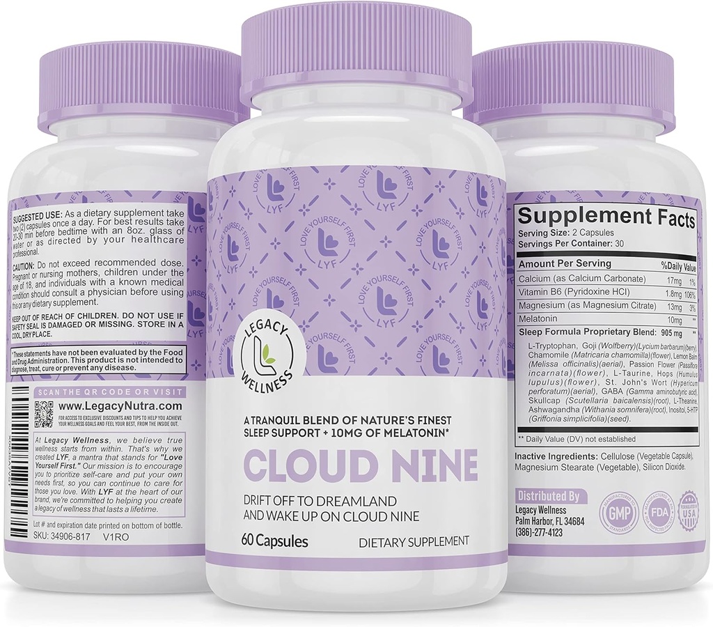 Cloud 9 - All Natural Sleep Aid Supplement - Relaxing Vitamin & Herbal Formula - 10mg Melatonin Calcium Magnisium L- Theanine 5 - HTP GABA St John Wort Ashwagandha Chamomile & More 60 Vegan Capsules