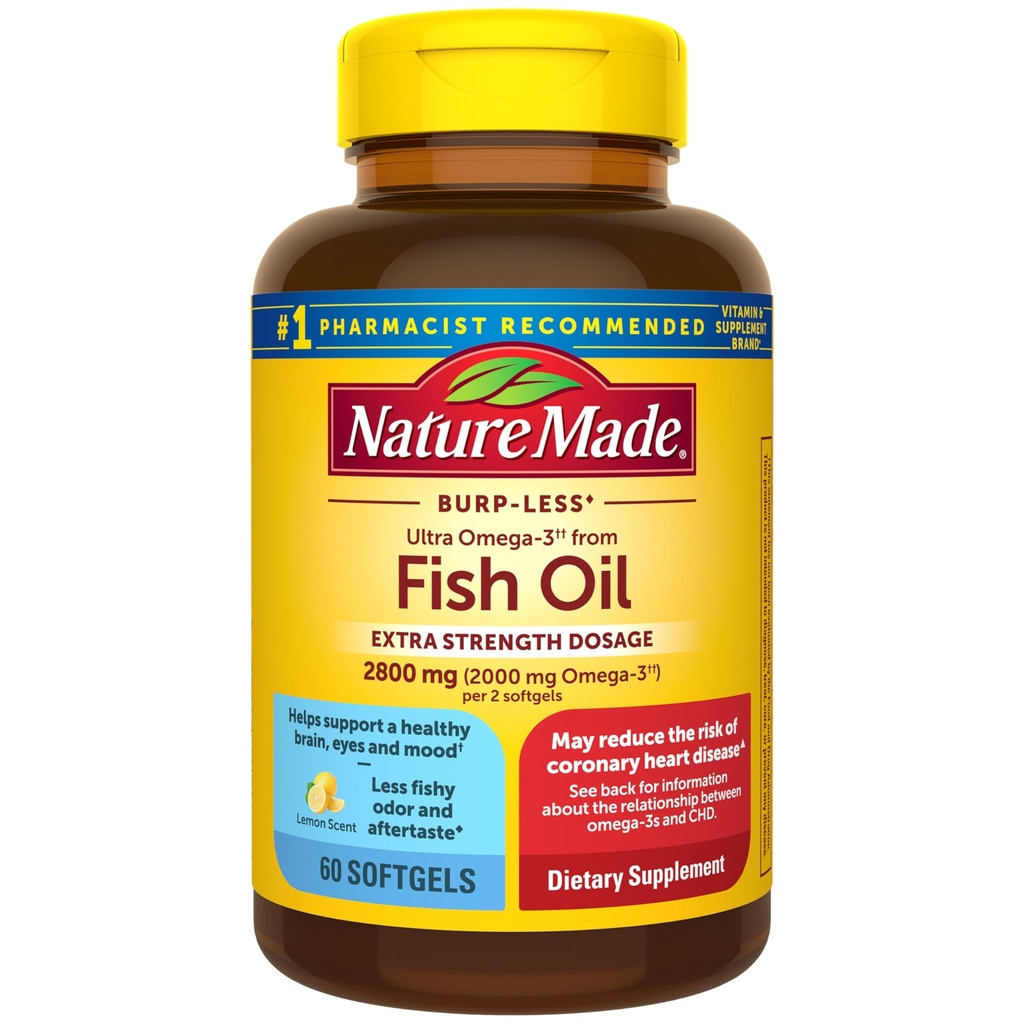 Nature Made Strength Omega 3 Fish Oil Suplemen, 2800mg, Persediaan Minyak Ikan Omega 3 sebagai Ethyl Esters untuk Hati Sehat, Otak, Mata, Dukungan Mood, 60 Softgel, 30 Hari Supply