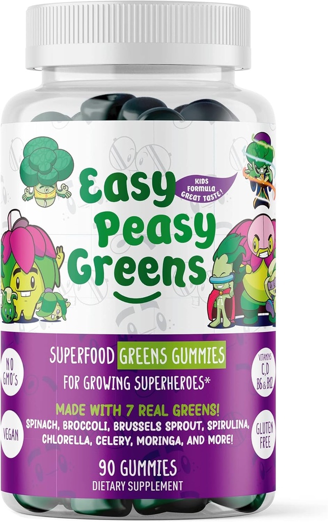 EasyPeasygreens Daily Veggie Gummies for Kids - 90 Greens Gummies - Helping Picky Eaters Get Their Vegies in - Made with 10 Real Vegetable Extracts and 100% Vegan