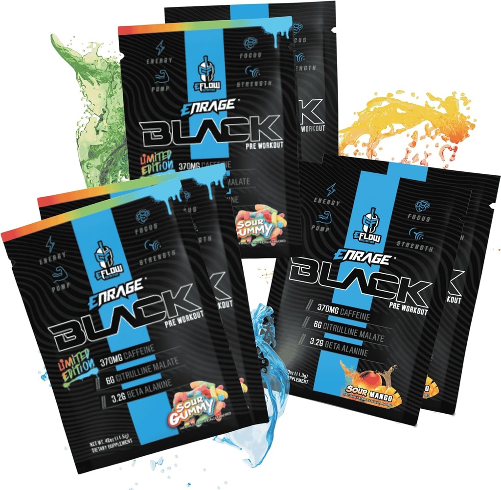 EFlow Nutrection ENRAGE Black Pretrained Sample Packs - Travel Packs - High Stim Energy, Pompa, Kekuatan, Endurance, Fokus, Nootropic Formula - Sour Gummy & Sour Mango Flavor (6 Packs)