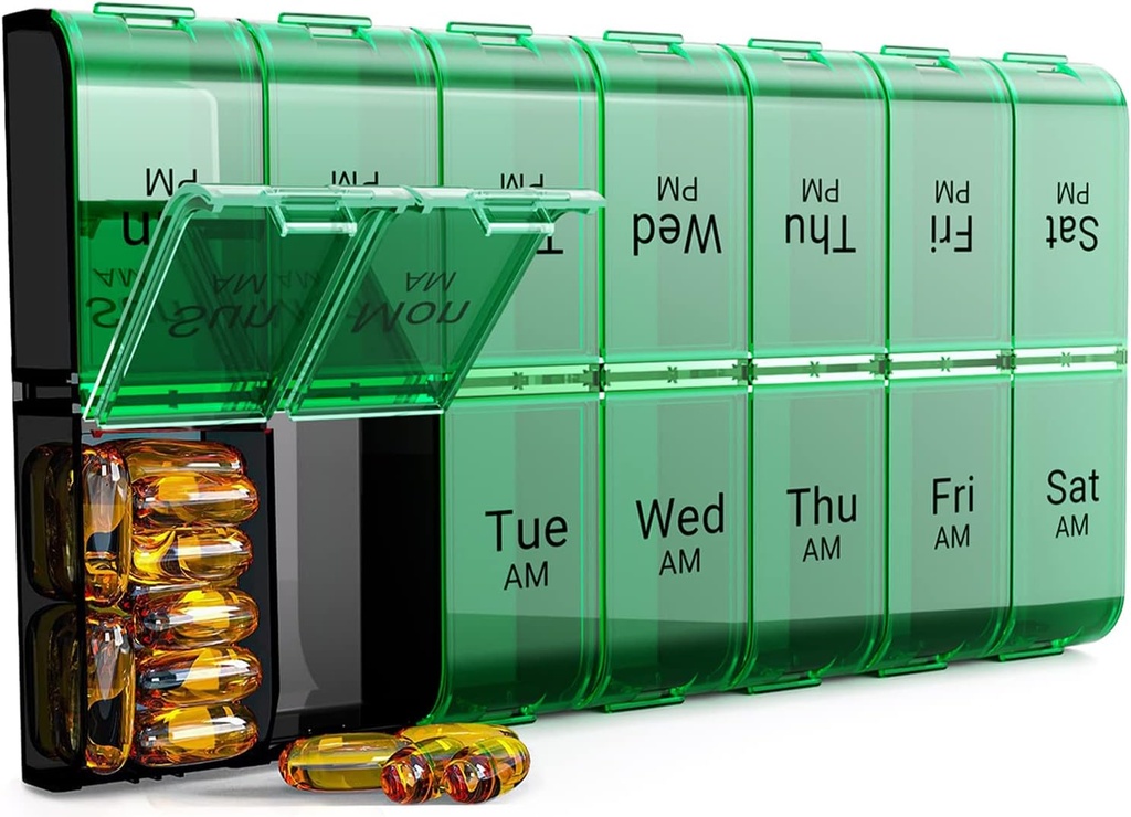 Ekstra Large Pill Organizer 2 Kali sehari, XL 7 Hari Pill Box AM PM, Jumbo Weekly Pill Case, Daily Night Oversized Medicine Organizer, Vitamin Holder, Big Pill Container, Dua kali Pengelola Pil KB