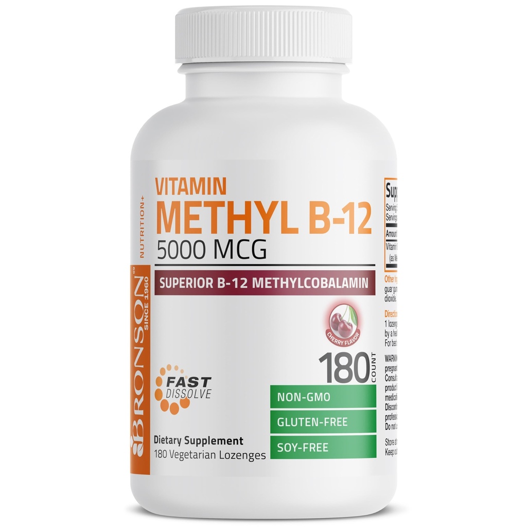 Bronson Metil B12 5000 mcg Vitamin B12 Methylcobalamin Energy & Brain Dukung, 180 Lozenges