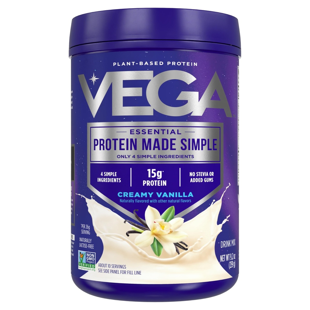 Vega Protein Membuat Powder Protein Sederhana, Vanilla - Stevia Bebas, Vegan, Tanaman Berbasis, Sehat, Gluten Bebas, Pea Protein untuk Perempuan dan Pria, 9.2 oz (Packing May Vary)