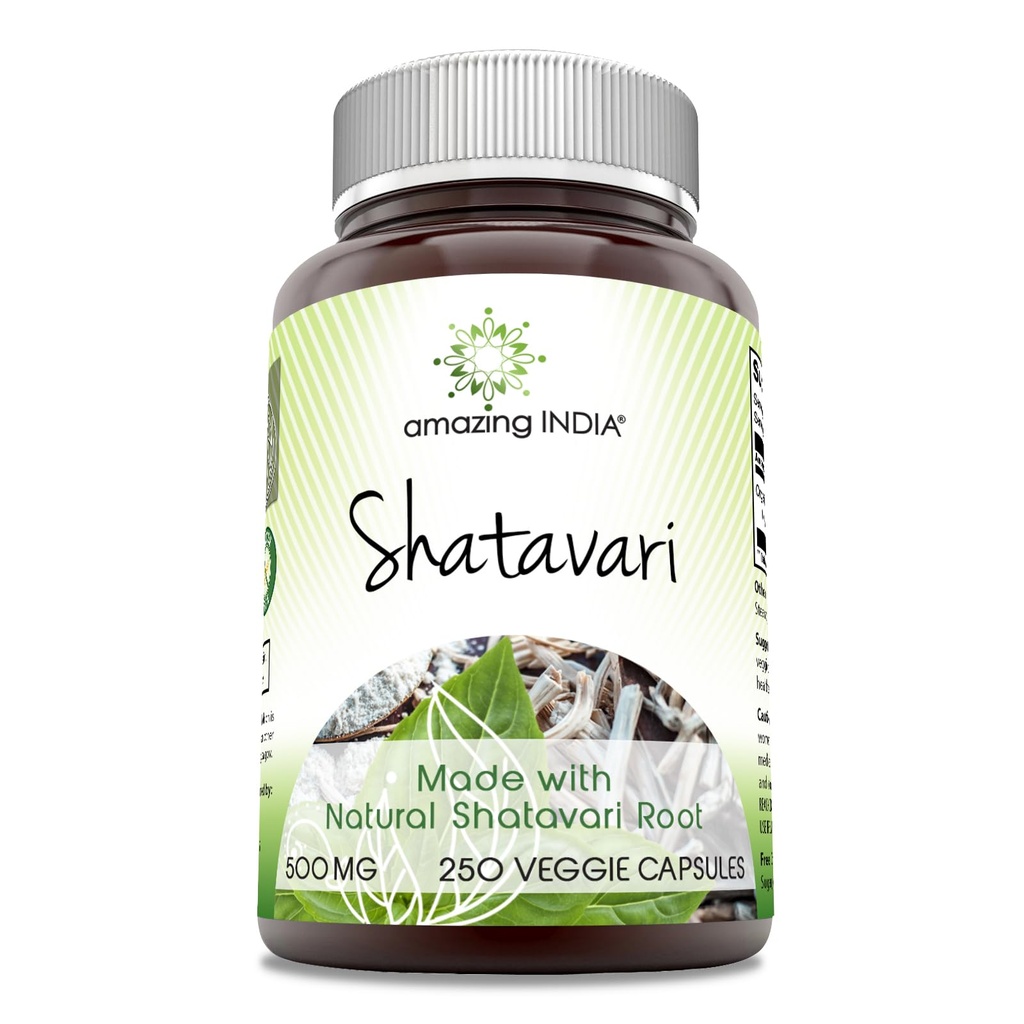 Amazing India Natural Shatavari 500 Mg per Serving 250 Veggie Capsules Suplement Non-GMO 124; Gluten- Free