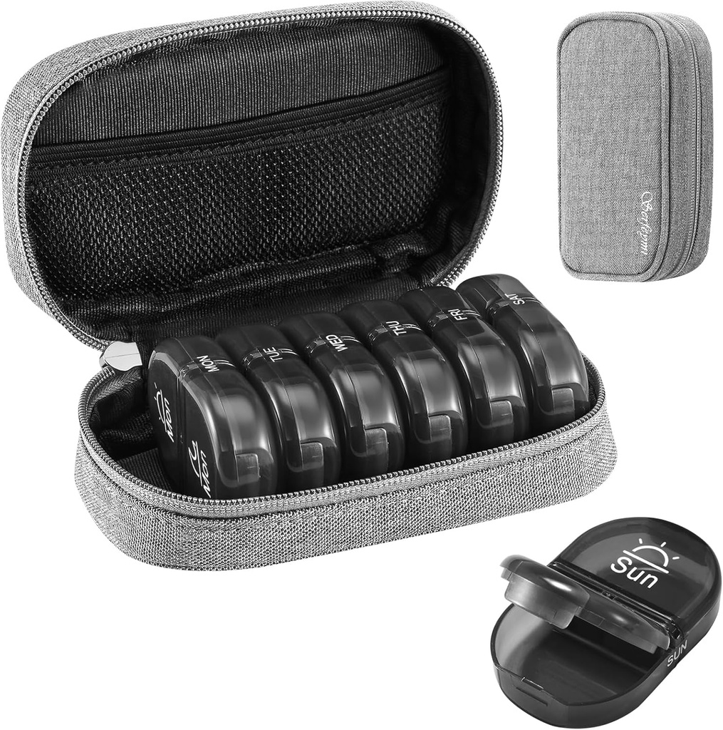Serfeymi Weekly Travel Pill Organizer 2 Times A Day AM PM Upgraded Black Pill Box 7 Day with Portable Ziper Case, Medicine Organizer for Pills, Vitamin, Suplemen, Fish Oils - Grey 01